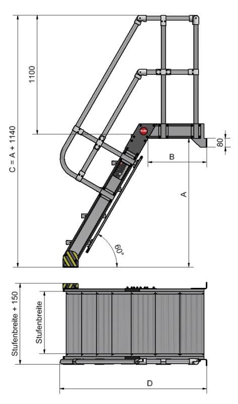 Стационарная лестница с платформой, с опорой на стену Hailo 60° 6 ступеней, шириной 600 мм