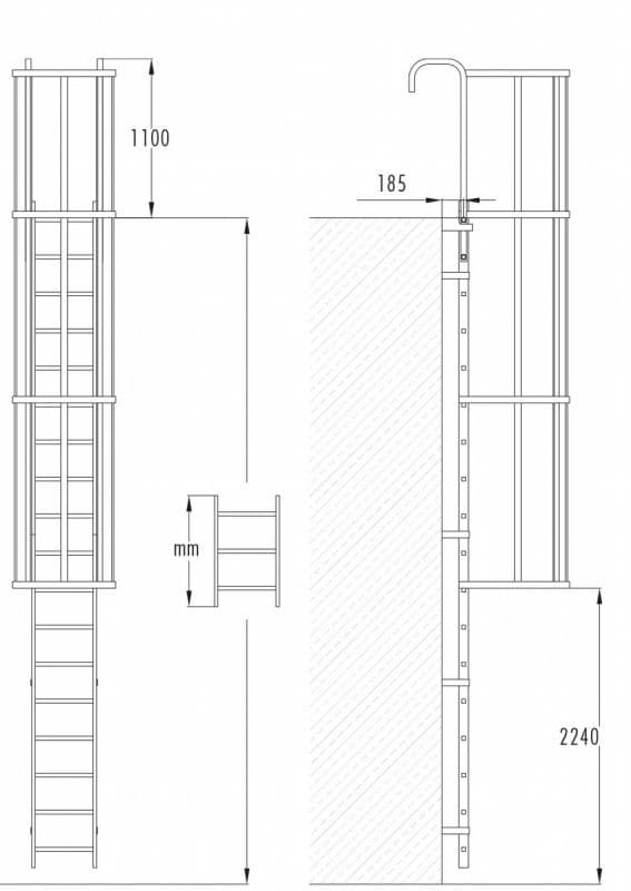 Стационарная лестница с защитой Hailo 6,16 м 22 ступени (горячеоцинк. сталь 1.0037/ASTM A36)