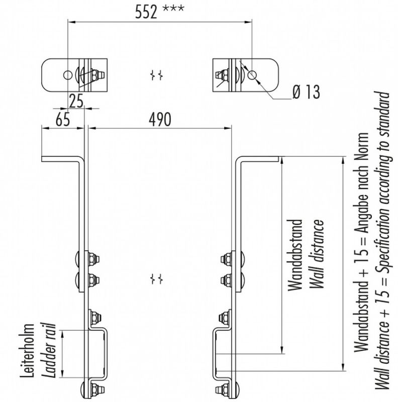 Настенный кронштейн крепления Hailo 185-215 мм, для стоек 40х20 мм (нержавеющая сталь 1.4301/AISI 304)